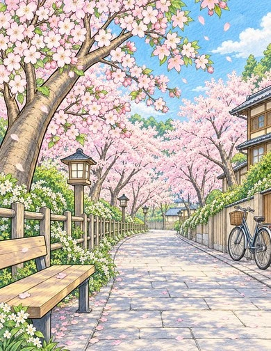 Color inspiration for the same lane, with pink cherry blossoms, green leaves, and a pale stone path