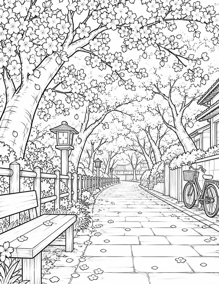 Uncolored drawing of a cherry-blossom lane with a bench and bicycle