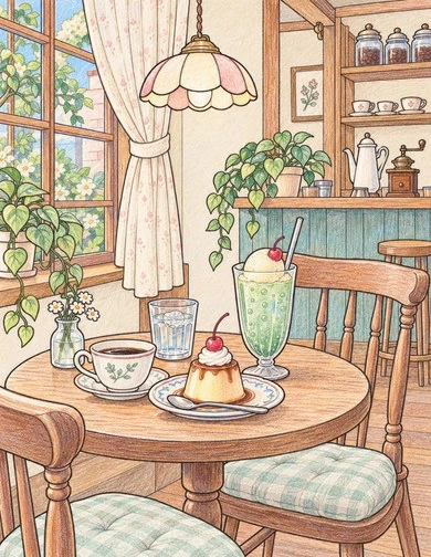 Color inspiration for the café, with warm wooden furniture, green cream soda, and caramel-topped pudding