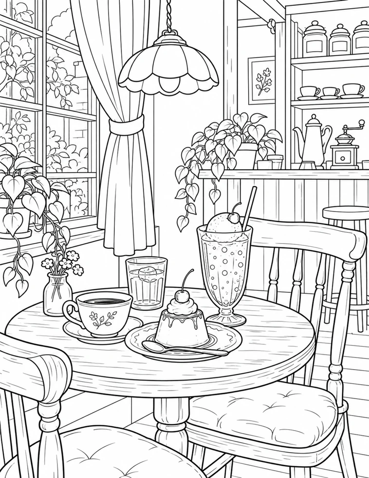 Uncolored drawing of a Japanese café table with pudding, a cream soda, and a sunlit window