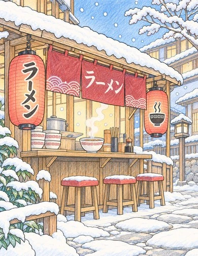 Color inspiration for the same ramen stall, with red lanterns and curtains, warm wooden counters, and fresh white snow
