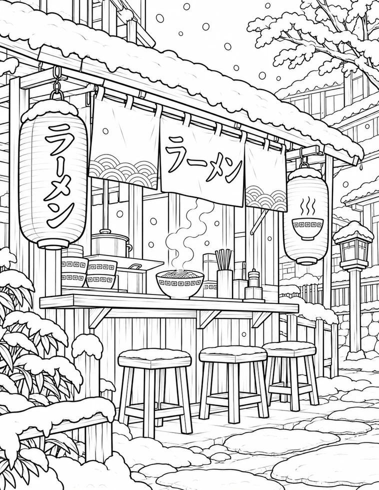 Uncolored drawing of a ramen stall with hanging lanterns, a steaming bowl of noodles, and snow-covered stools