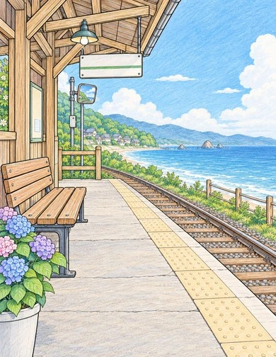 Color inspiration for the seaside platform, with blue hydrangeas and a bright blue bay