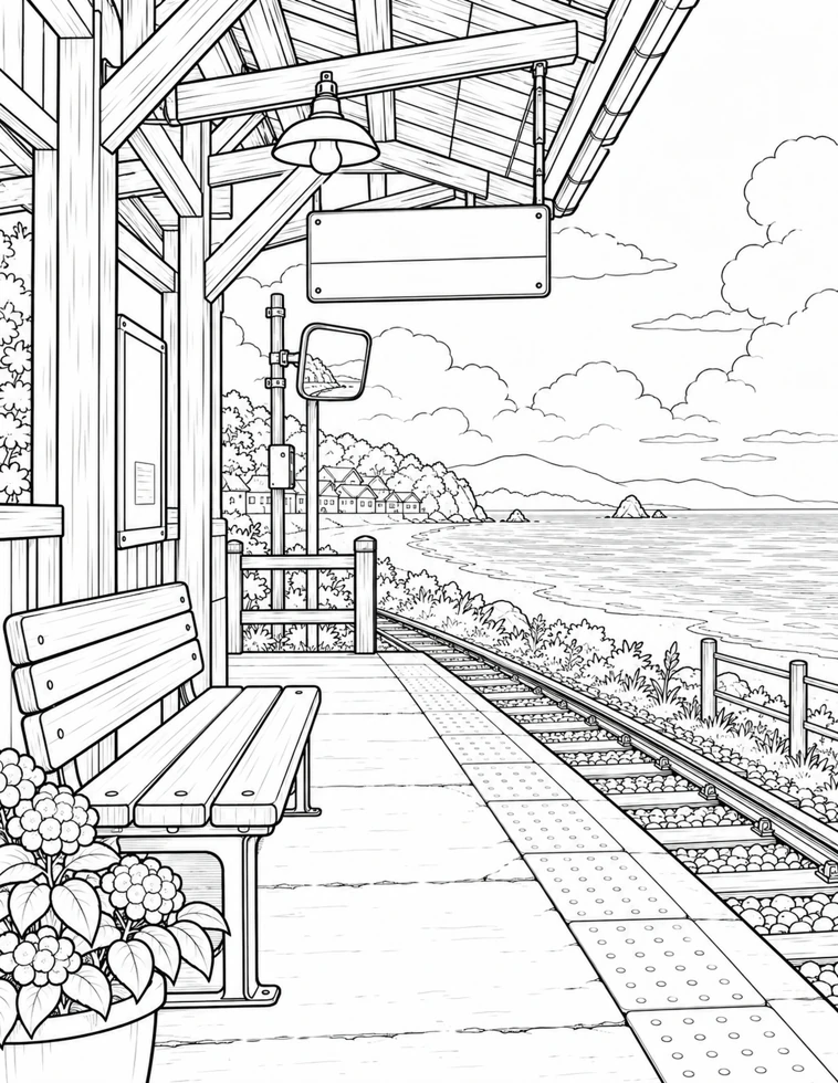 Uncolored drawing of a seaside railway platform with a bench and hydrangeas
